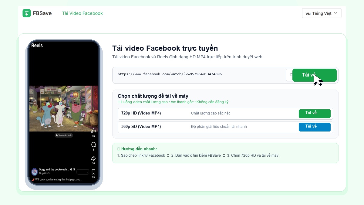 Giao dien cong cu tai video Facebook FBSave va lua chon chat luong